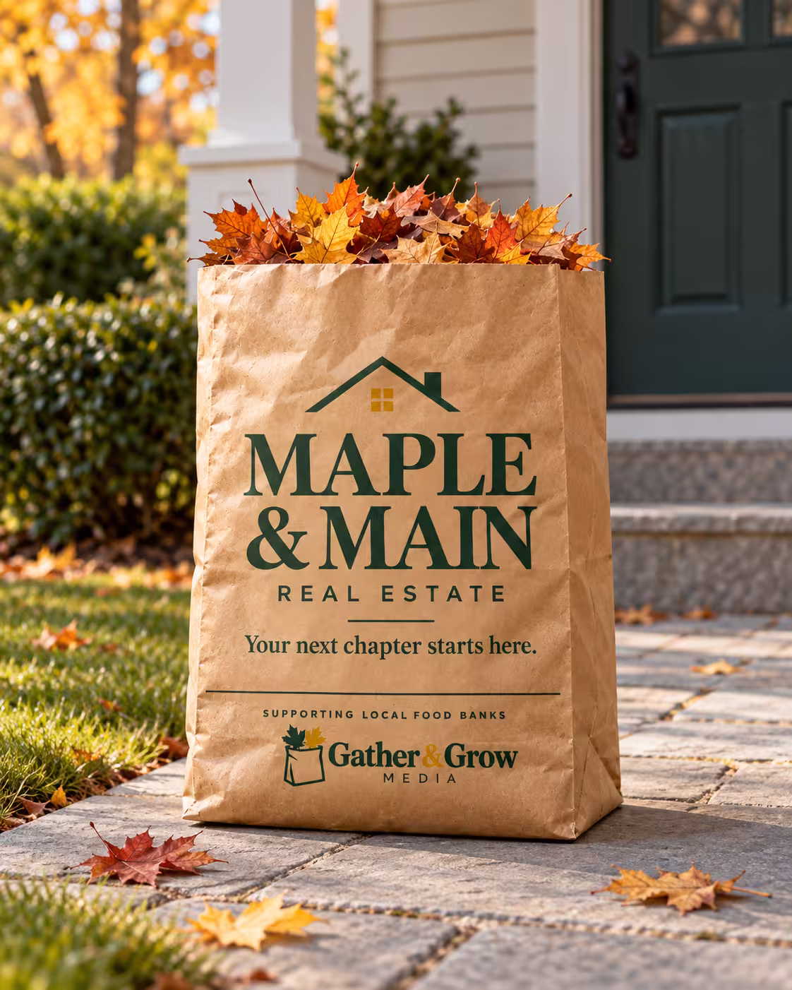 Sponsored Gather & Grow leaf bag on a front porch